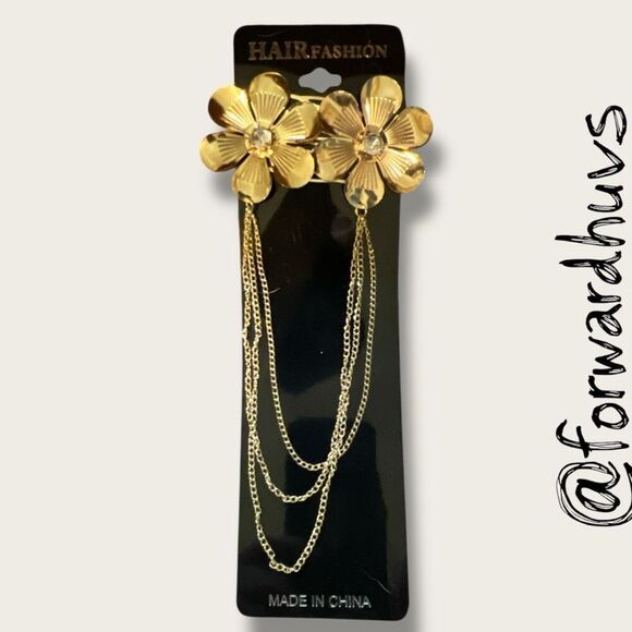 Bundle Sale 3 for $15 | Floral Hair Clips with Chains – Glass Stone Centers - Picture 1 of 5